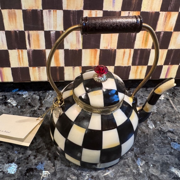 Mackenzie Childs Courtly Check Tea Kettle Ornament Rare HTF Mint in Gift Box - Picture 4 of 9